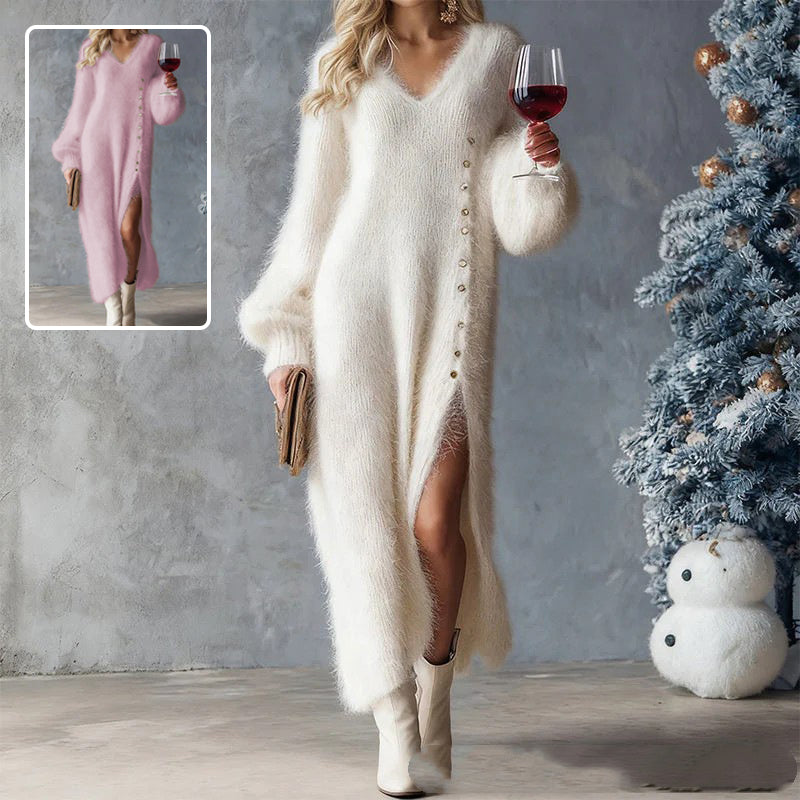 Chic Split Knitted V-Neck Fleece Maxi Dress with Buttons for Winter Party Wear | Mordenstore rj8m7q-57