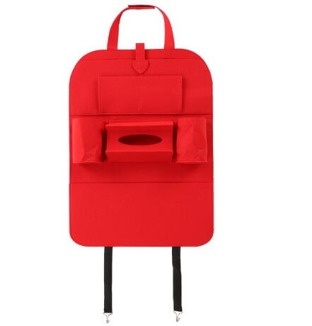 Red car seat organizer with multiple pockets on a white background, mordenstore. 