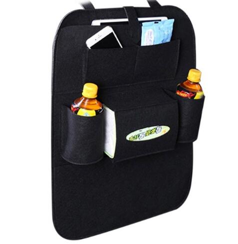 Black car seat organizer with multiple pockets holding bottles and items on a white background, mordenstore. 