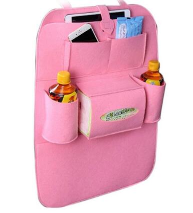 Pink car seat organizer with drink holders and phone pocket on a white background, mordenstore. 