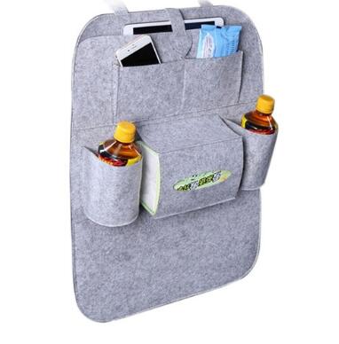 Gray car organizer with multiple pockets holding drinks and electronic devices on a white background, mordenstore. 