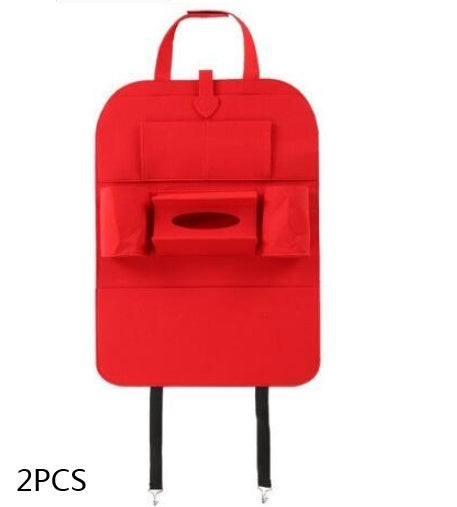Red car organizer with multiple pockets on a white background, mordenstore. 