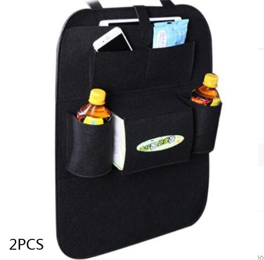 Black car seat organizer with multiple pockets holding drinks and a tablet on a white background, mordenstore. 