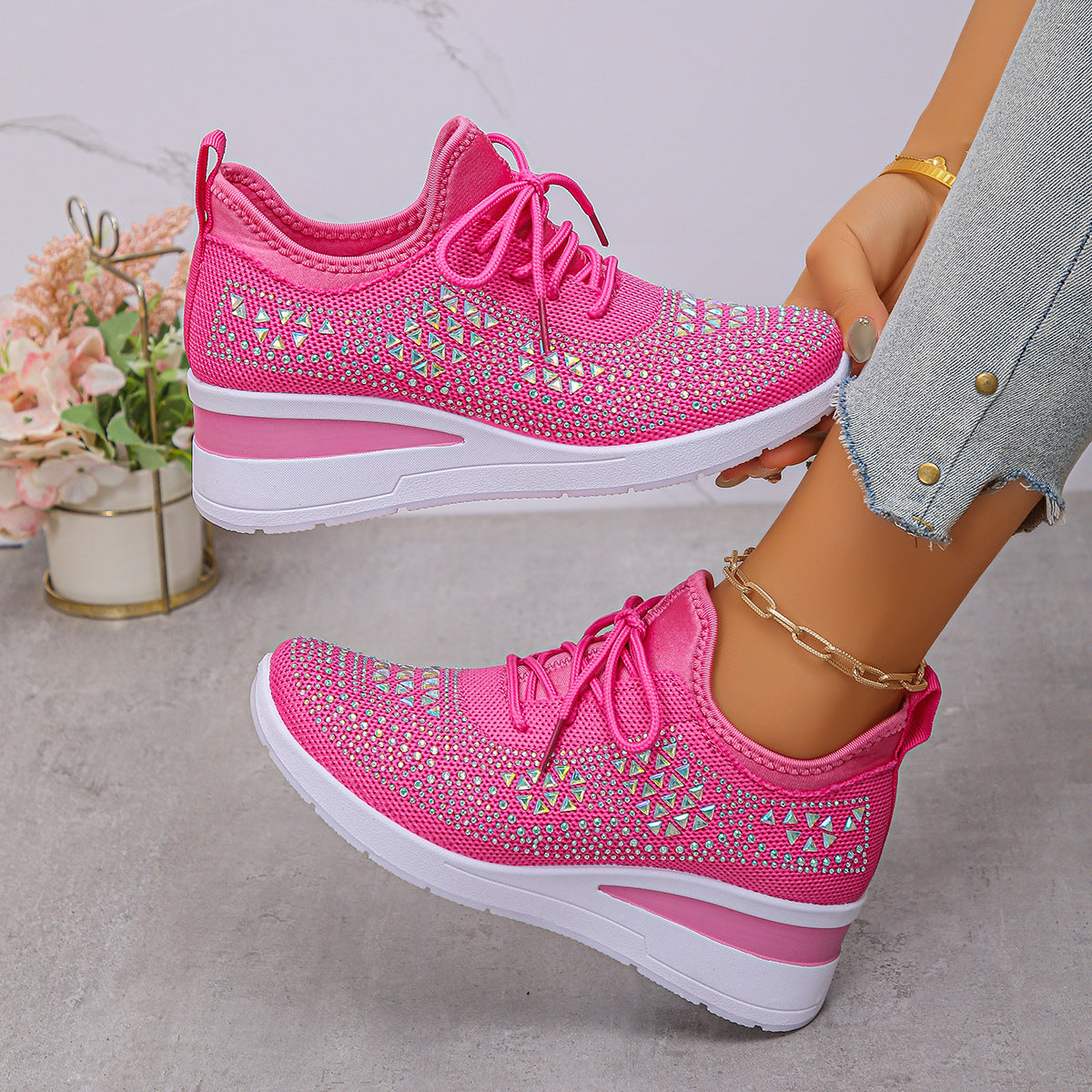 Women’s Rhinestone Wedge Sneakers – Lace-Up Casual Daily Sports Shoes | Mordenstore rj8m7q-57