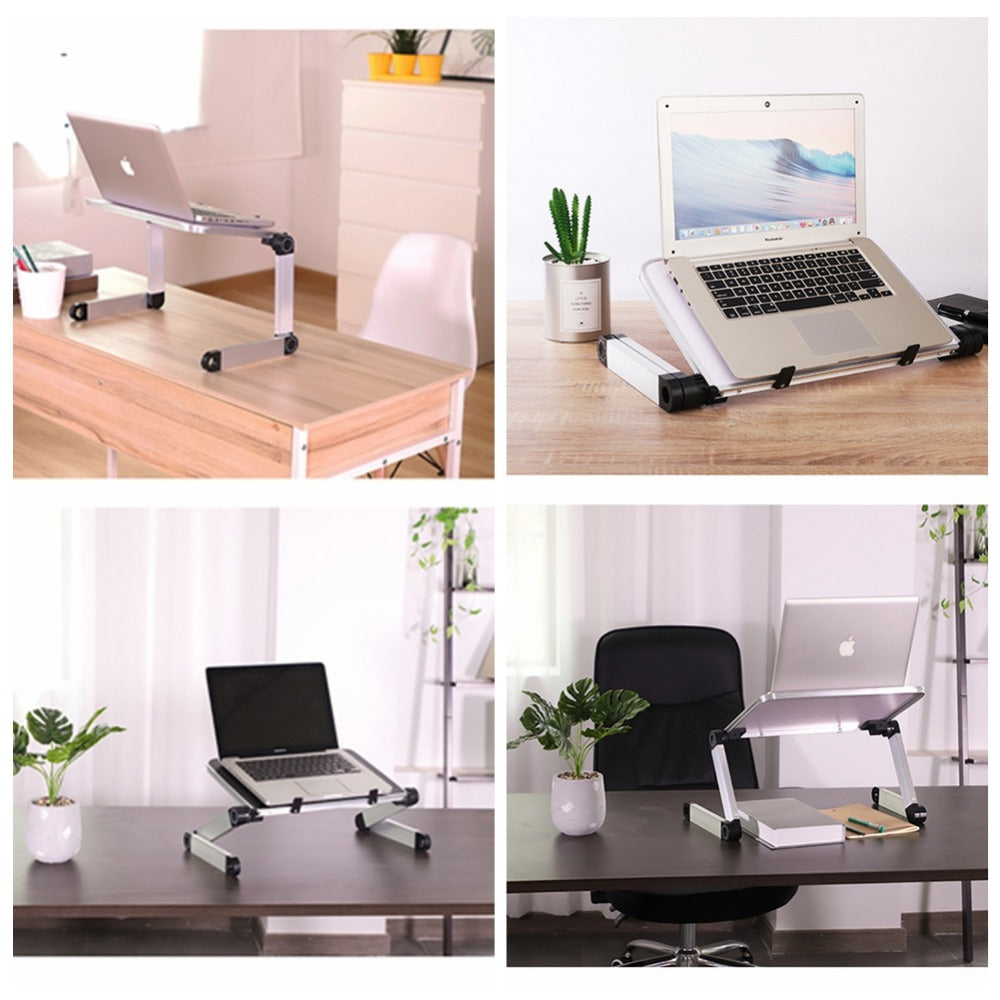 Collage of a laptop stand in various office settings, mordenstore. 