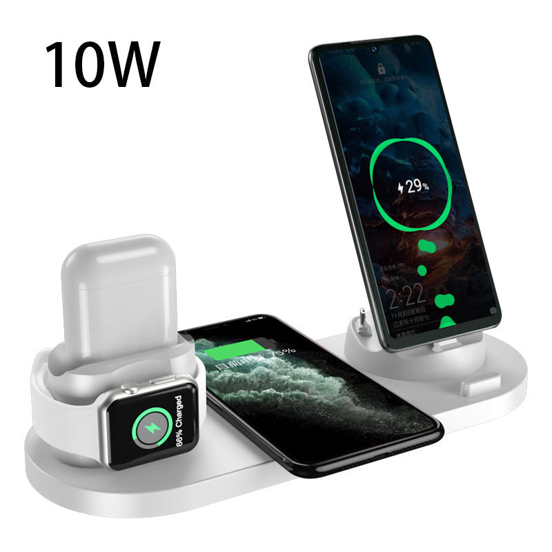 Multi-device charging station with smartphone, Apple Watch, and AirPods on a white background.