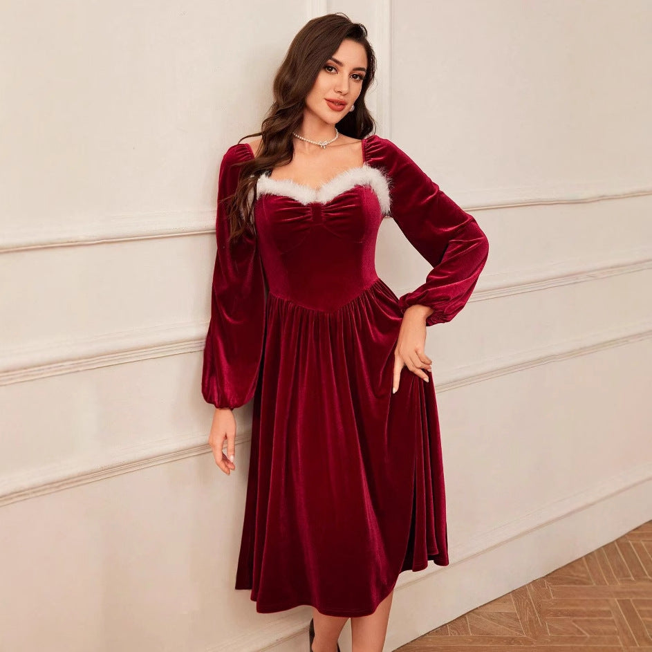 Women's Vintage Red Velvet Christmas Party Dress with Square Collar & Slim Waist – Mordenstore rj8m7q-57