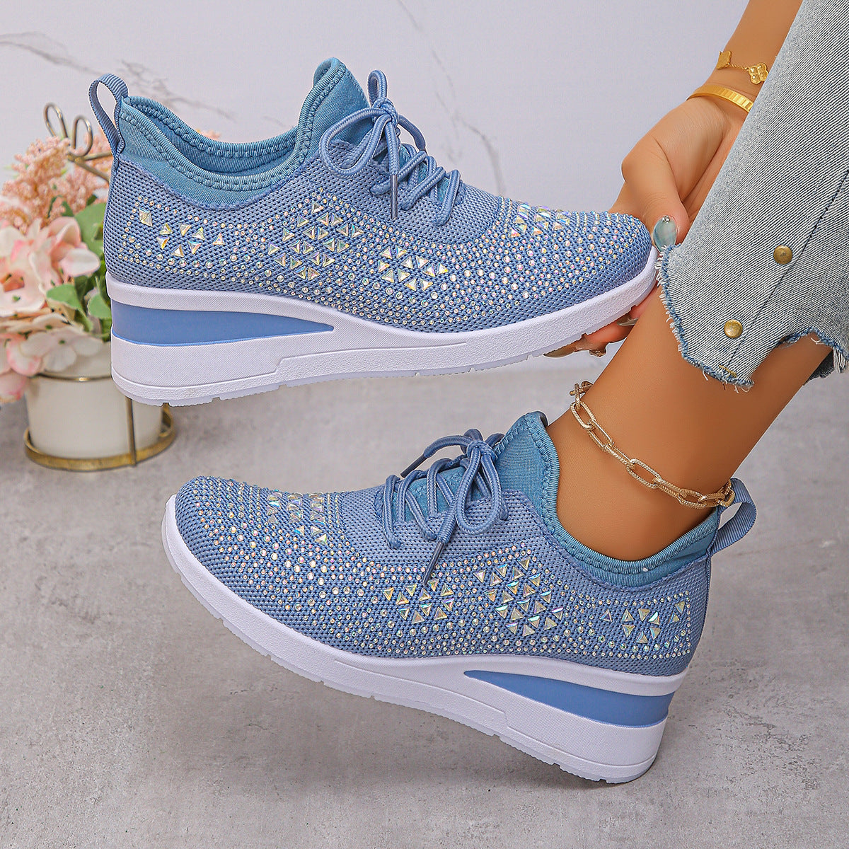 Women’s Rhinestone Wedge Sneakers – Lace-Up Casual Daily Sports Shoes | Mordenstore rj8m7q-57