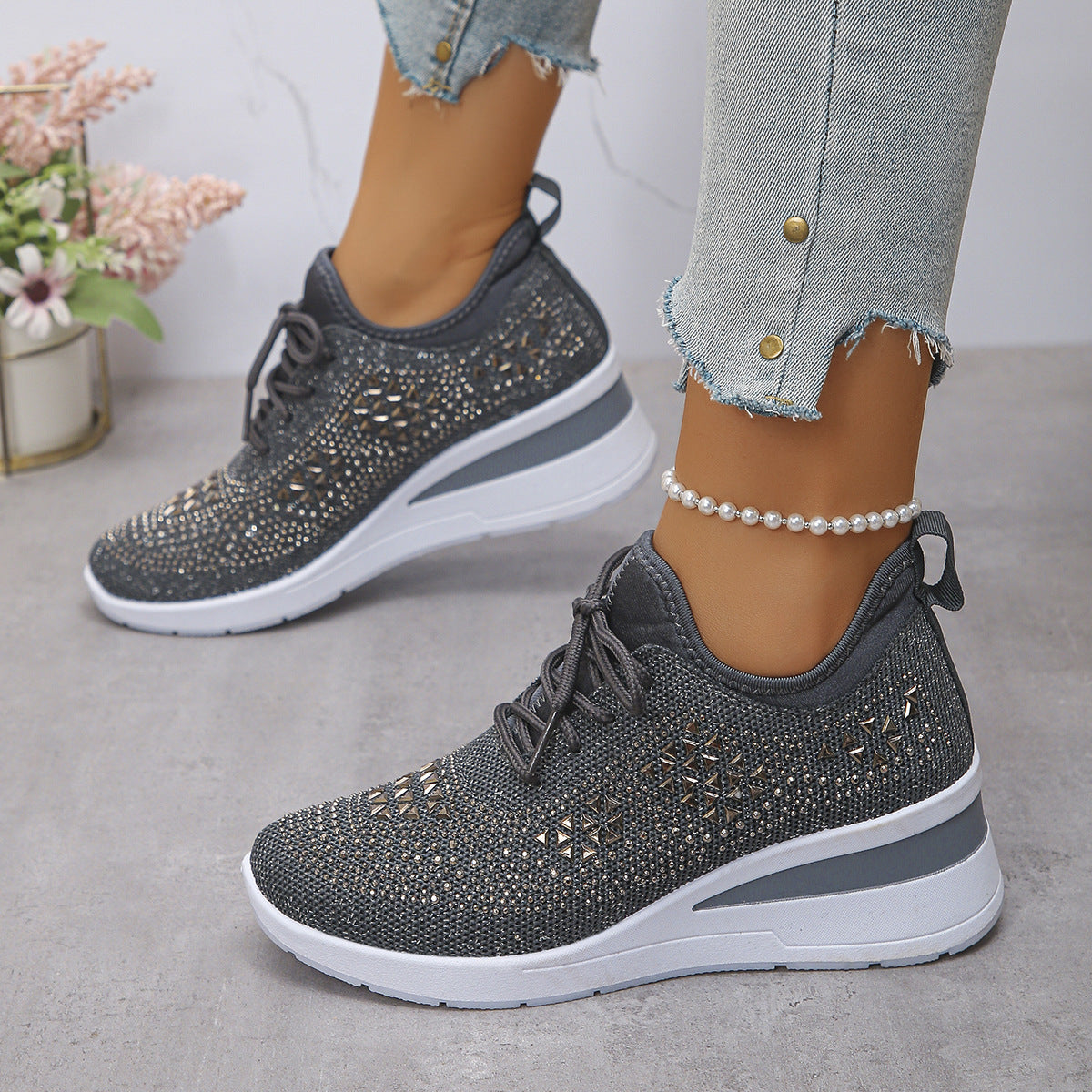 Women’s Rhinestone Wedge Sneakers – Lace-Up Casual Daily Sports Shoes | Mordenstore rj8m7q-57