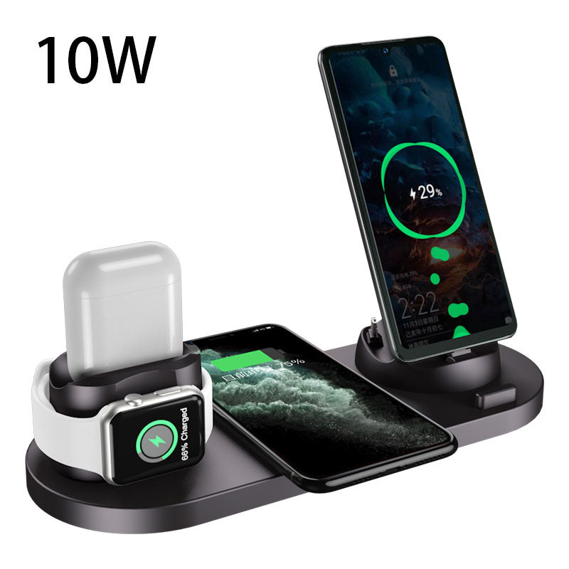Multi-device wireless charging station with smartphone, smartwatch, and Apple Watch on a white background.