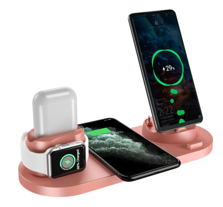 Multi-device charging station with smartphone, smartwatch, and wireless earbuds on a white background