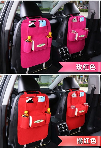 Car seat organizer with multiple pockets in pink and red, attached to car seats, mordenstore. 