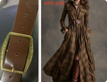 Brown plaid dress with belt and close-up of belt with gold buckle on gray background