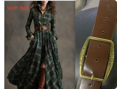Green plaid dress with a brown belt on a gray background