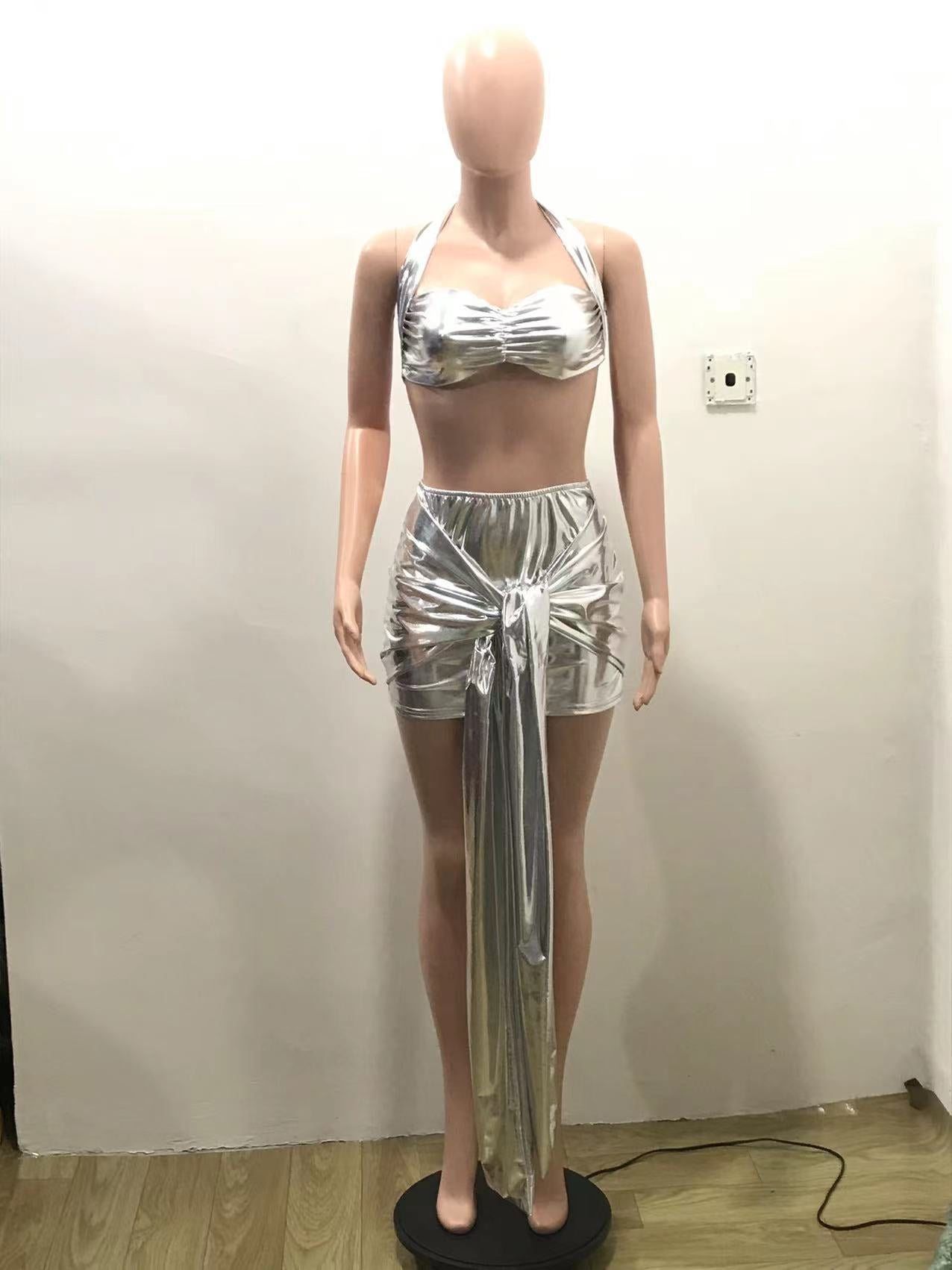 2022 Lace-Up Sexy Nightclub Satin Bandage Two Piece Dress Set for Women | mordenstore mordenstore