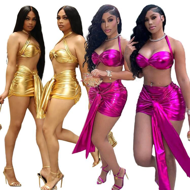 2022 Lace-Up Sexy Nightclub Satin Bandage Two Piece Dress Set for Women | mordenstore mordenstore