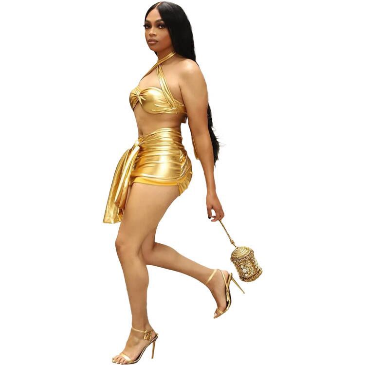 2022 Lace-Up Sexy Nightclub Satin Bandage Two Piece Dress Set for Women | mordenstore mordenstore