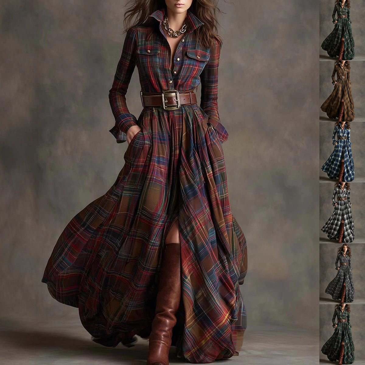 Plaid Print Long Shirt Dress for Women | Mordenstore Plaid Dress
