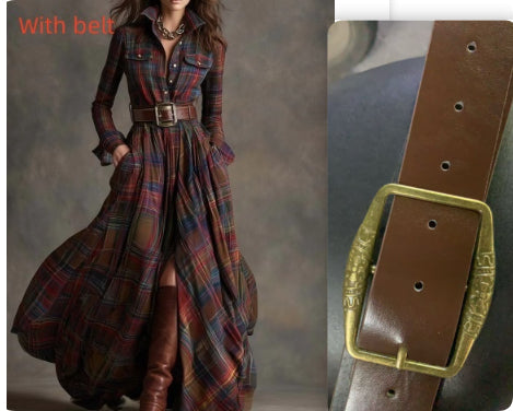Plaid dress with a belt and close-up of the belt buckle.
