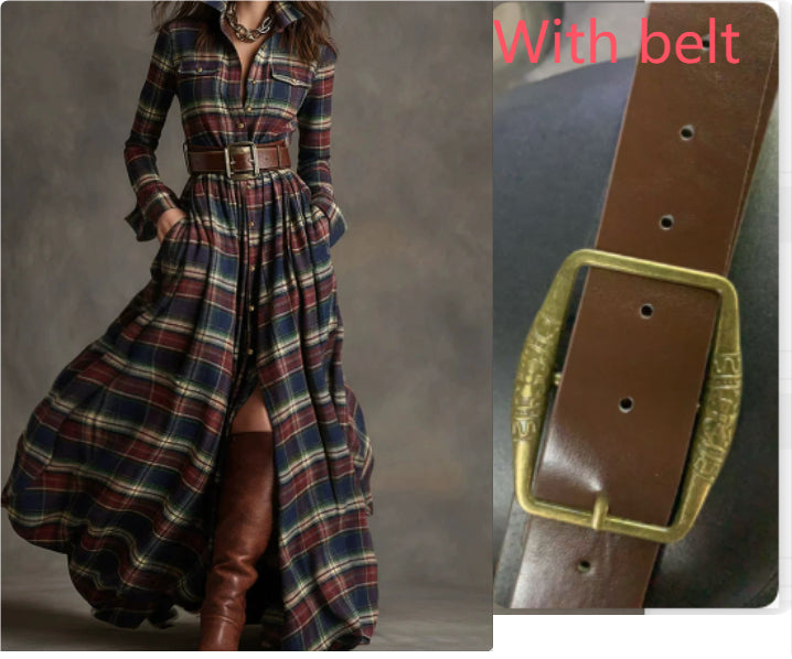 Plaid dress with a belt and close-up of the belt with a gold buckle.