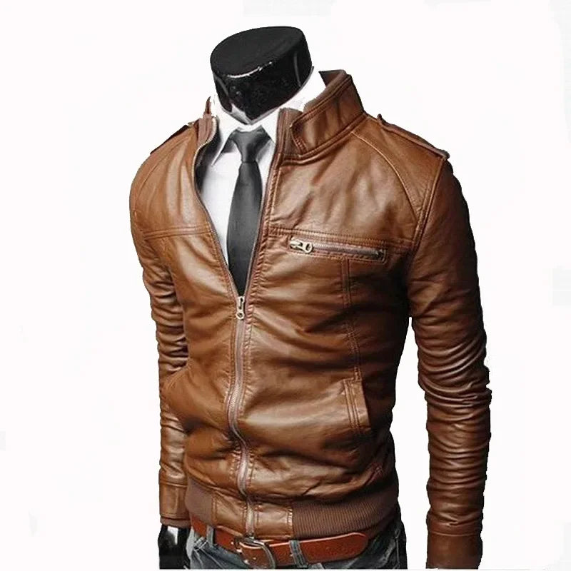 Men’s Faux Leather Biker Jacket with Zipper | Slim Fit Stand Collar PU Jacket for Spring & Autumn | Moto Casual Outerwear – mordenstore mordenstore