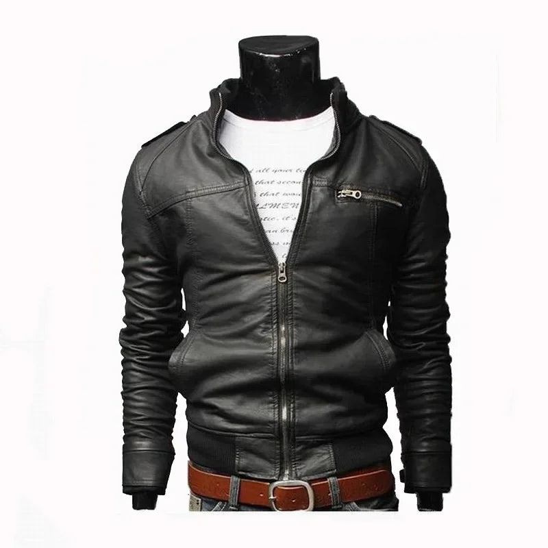 Men’s Faux Leather Biker Jacket with Zipper | Slim Fit Stand Collar PU Jacket for Spring & Autumn | Moto Casual Outerwear – mordenstore mordenstore