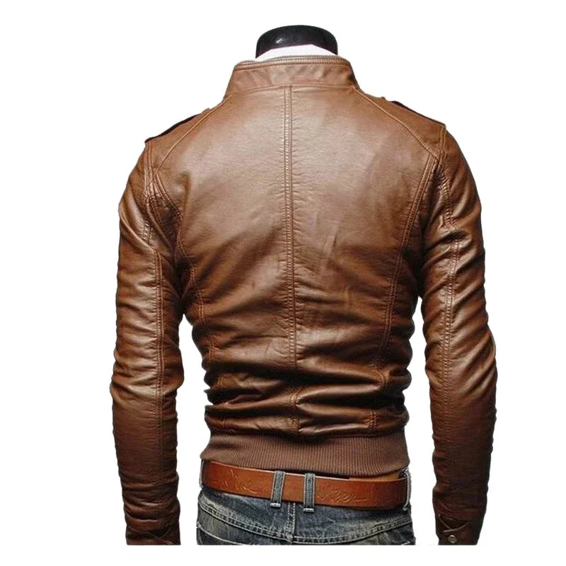 Men’s Faux Leather Biker Jacket with Zipper | Slim Fit Stand Collar PU Jacket for Spring & Autumn | Moto Casual Outerwear – mordenstore mordenstore