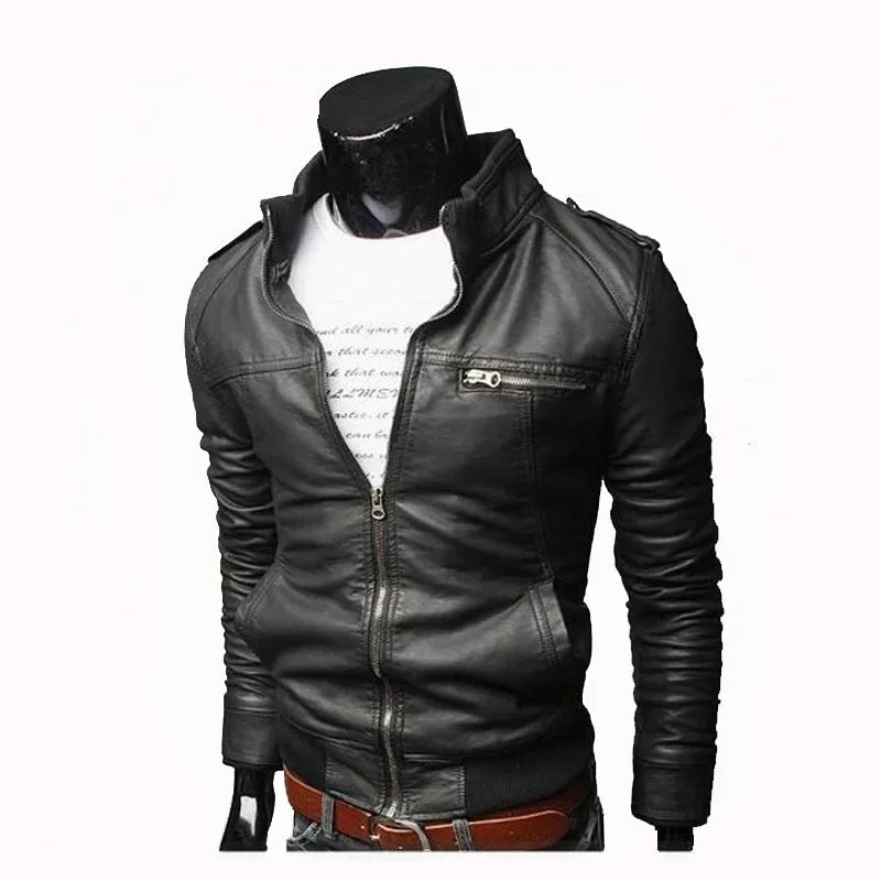 Men’s Faux Leather Biker Jacket with Zipper | Slim Fit Stand Collar PU Jacket for Spring & Autumn | Moto Casual Outerwear – mordenstore mordenstore