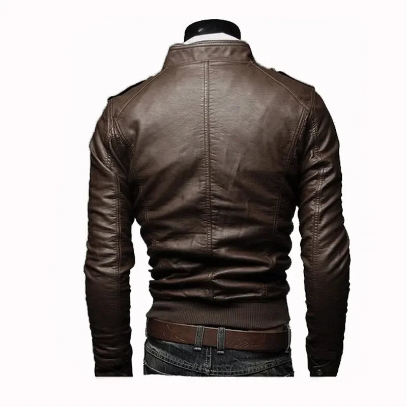 Men’s Faux Leather Biker Jacket with Zipper | Slim Fit Stand Collar PU Jacket for Spring & Autumn | Moto Casual Outerwear – mordenstore mordenstore