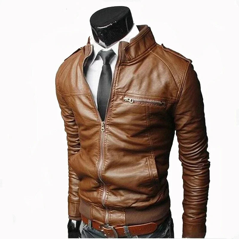 Men’s Faux Leather Biker Jacket with Zipper | Slim Fit Stand Collar PU Jacket for Spring & Autumn | Moto Casual Outerwear – mordenstore mordenstore