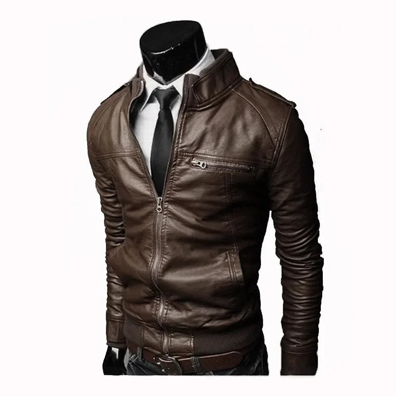 Men’s Faux Leather Biker Jacket with Zipper | Slim Fit Stand Collar PU Jacket for Spring & Autumn | Moto Casual Outerwear – mordenstore mordenstore