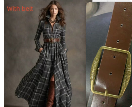 Woman wearing a plaid dress with a belt, alongside a close-up of the belt.