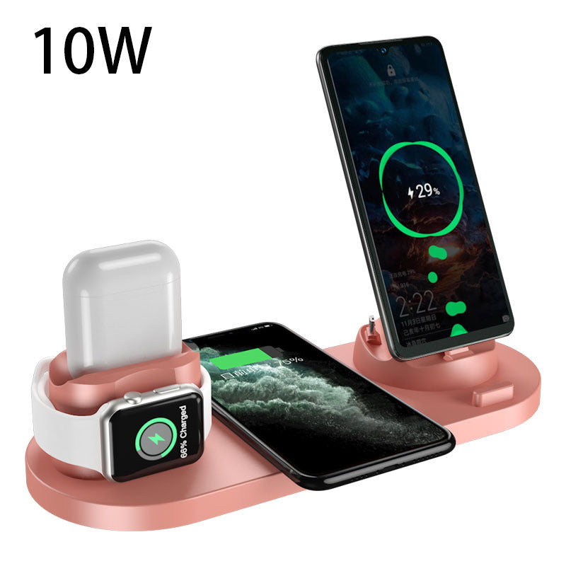 Multi-device wireless charging stand with smartphone, smartwatch, and airpods on a white background.