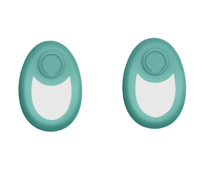 Two teal oval-shaped devices with white centers on a white background