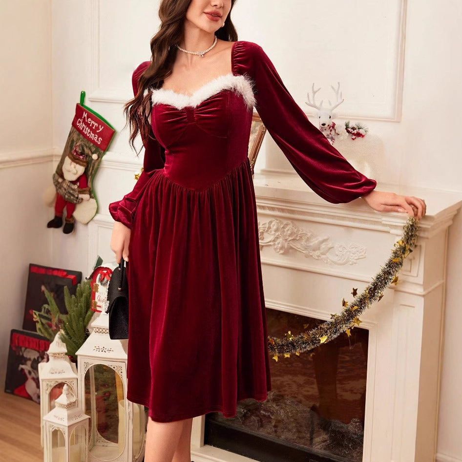Women's Vintage Red Velvet Christmas Party Dress with Square Collar & Slim Waist – Mordenstore rj8m7q-57