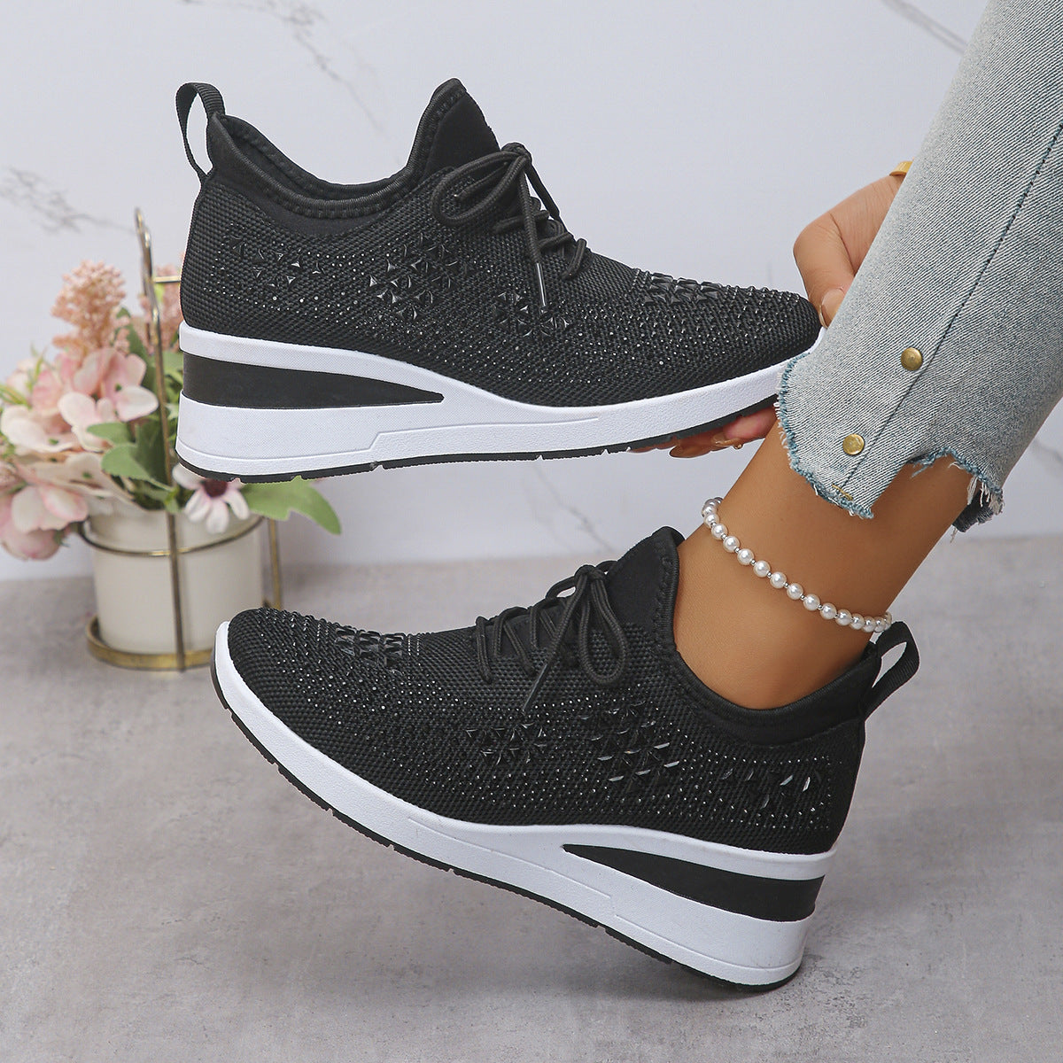 Women’s Rhinestone Wedge Sneakers – Lace-Up Casual Daily Sports Shoes | Mordenstore rj8m7q-57