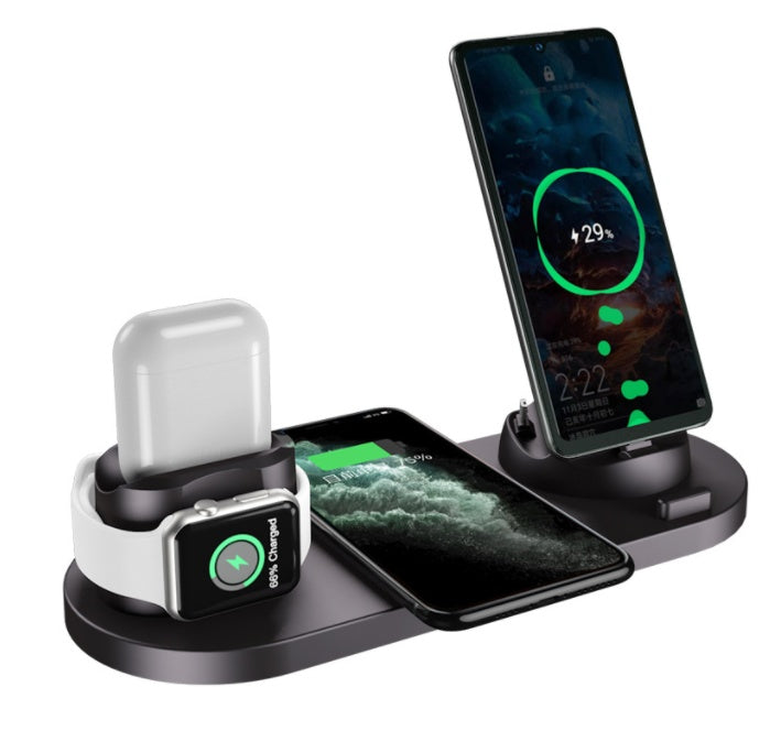 Multi-device charging station with smartphone, smartwatch, and Apple Watch on a white background