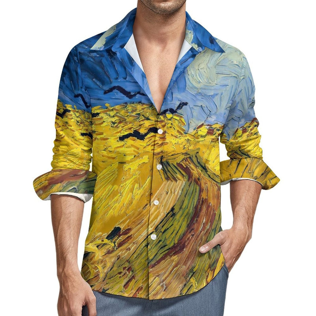 Man wearing a shirt with a Van Gogh-inspired design on a white background