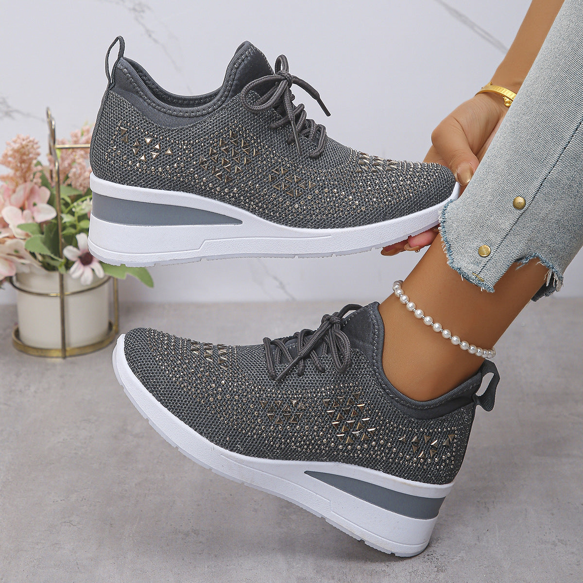 Women’s Rhinestone Wedge Sneakers – Lace-Up Casual Daily Sports Shoes | Mordenstore rj8m7q-57