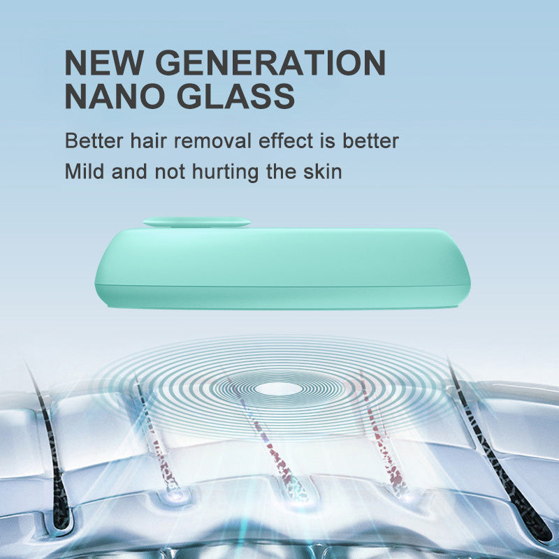 Advertisement for new generation nano glass hair removal device with text on a light blue background.