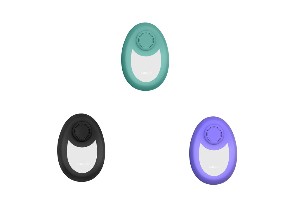 Three oval-shaped devices in green, black, and purple on a white background
